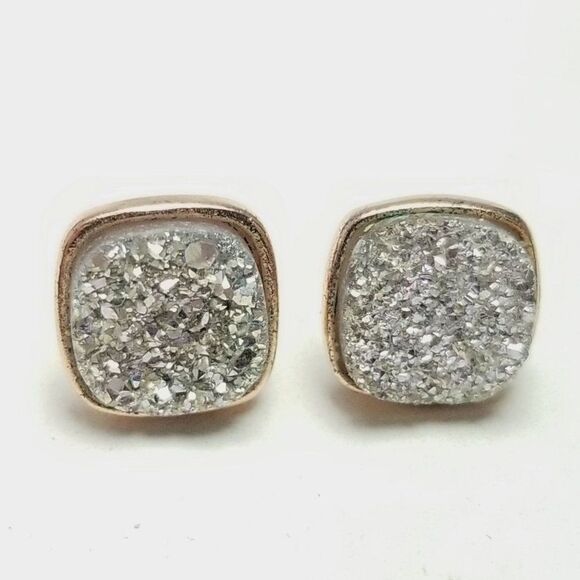 Vintage Sparkly Silver Tone and Rose Gold Tone Setting Square Stud Earrings - Picture 1 of 6